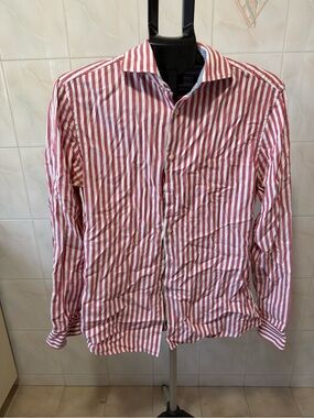 H&M Red and White Vertical Stripe Casual Button-Down Shirt